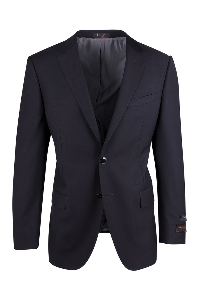 The Tiglio Luxe Novello Black Modern Fit Pure Wool Blazer TIG1001, a premium men's jacket from Tiglio Luxe, is made with fine Italian fabrics. It boasts a two-button closure, breast pocket, and two front flap pockets, elegantly displayed on a white background.