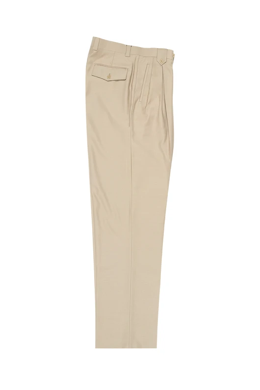 Tiglio Luxe introduces the Tiglio Luxe Tan Wide Leg, Pure Wool Dress Pants 2576 TIG1004, featuring a pleated front, belt loops, and a buttoned pocket, beautifully showcased against a white background.