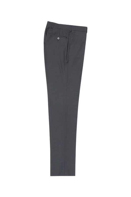 The Tiglio Luxe Gray Flat Front Dress Pants, crafted from pure wool in a modern fit design, feature side and back pockets along with a button closure. These Tiglio Luxe pants are showcased against a white background.