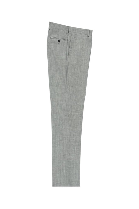 The Tiglio Luxe Light Gray Birdseye Flat Front Dress Pants 2560 TIG1018, crafted from pure wool, boast a modern fit silhouette with a single back pocket and button, elegantly presented on a white background.