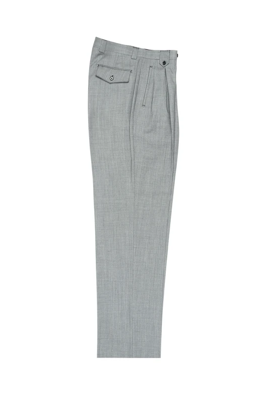 Tiglio Luxe Light Gray Birdseye Wide Leg Dress Pants, model 2576 TIG1018, feature a side buttoned pocket and are crafted from pure wool for a comfortable fit, displayed from the side on a white background.