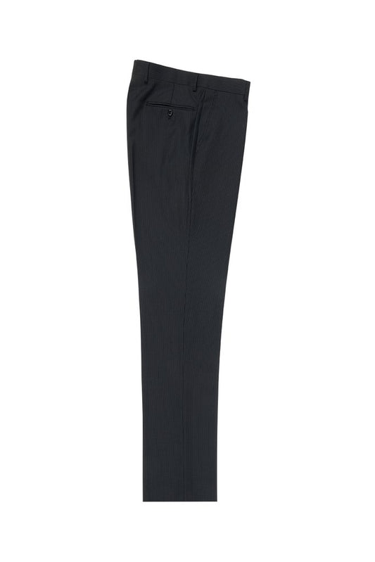 The Tiglio Luxe black mini pin-stripe dress pants, crafted from pure wool, are neatly folded and feature a modern fit with a flat front design. The look is enhanced by a single buttoned back pocket and waistband.