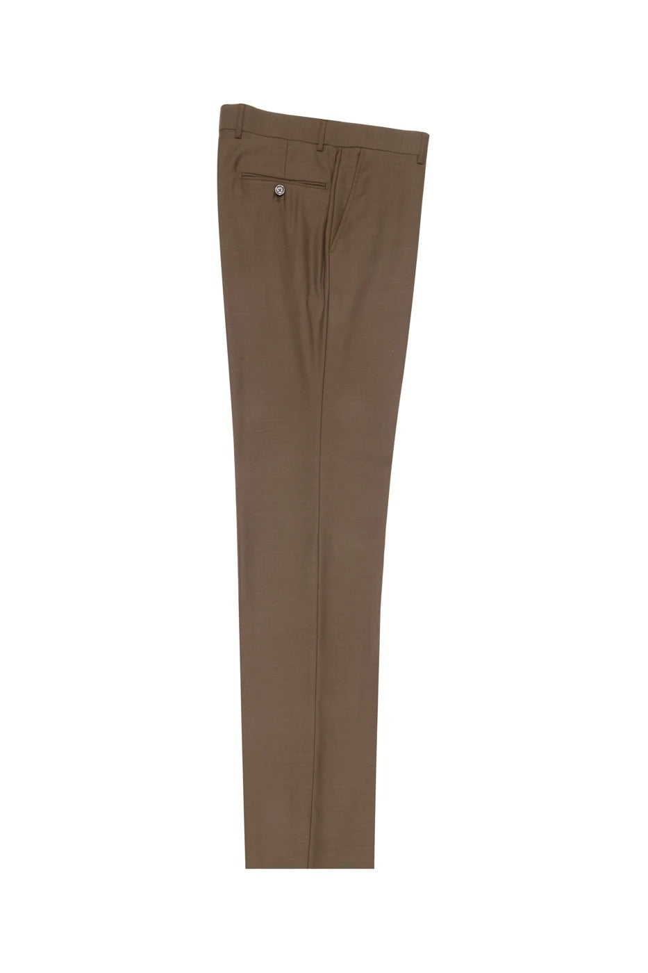 The Tiglio Luxe Tobacco Flat Front, Pure Wool Modern Fit Dress Pants 2560 are made from high-quality wool and have a button closure on the back pocket. Photographed against a white background, these pants combine modern fit with style and comfort.