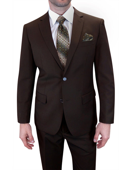 A man wearing a tailored fit suit in dark brown from Statement Clothing's TS-02-BROWN collection, paired with flat front pants, a patterned tie, and a matching pocket square, stands against a plain white background.