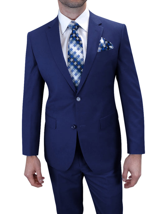 A person dressed in the Statement Clothing's TS-02-Sapphire ensemble, featuring a blue suit paired with a white shirt, patterned tie, matching pocket square, and modern fit pants.