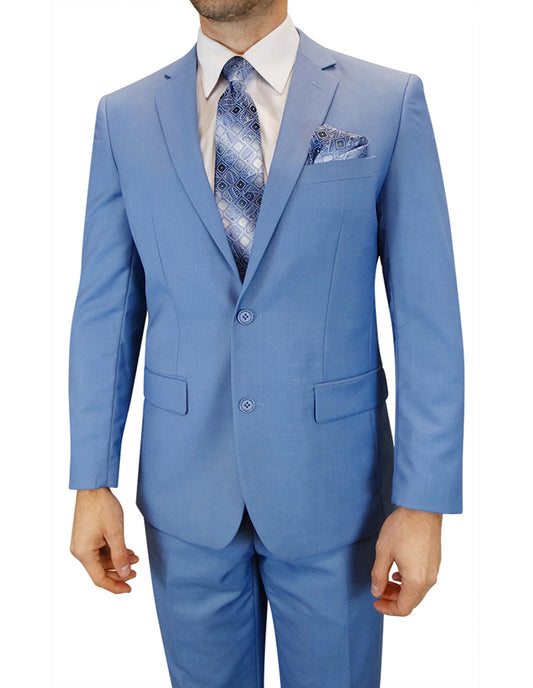 A man dressed in the TS-02-STEELBLUE suit and tie from Statement Clothing, which includes flat front pants, is standing against a white background.