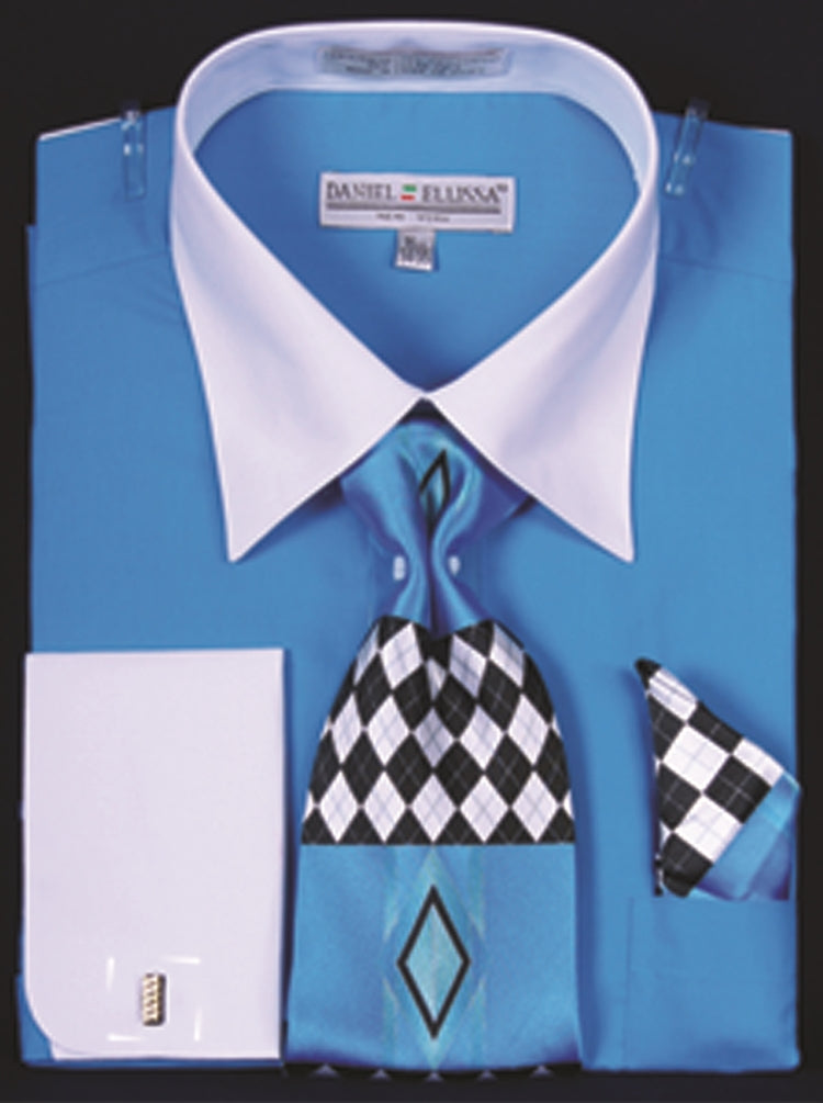 Daniel Ellissa Two Tone French Cuff Dress Shirt DS3006WTPRT Turquoise