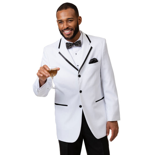 A man dressed in the stylish EJ Samuel White Tuxedo (TUX108), from the renowned brand EJ SAMUEL, holds a glass of champagne and smiles.