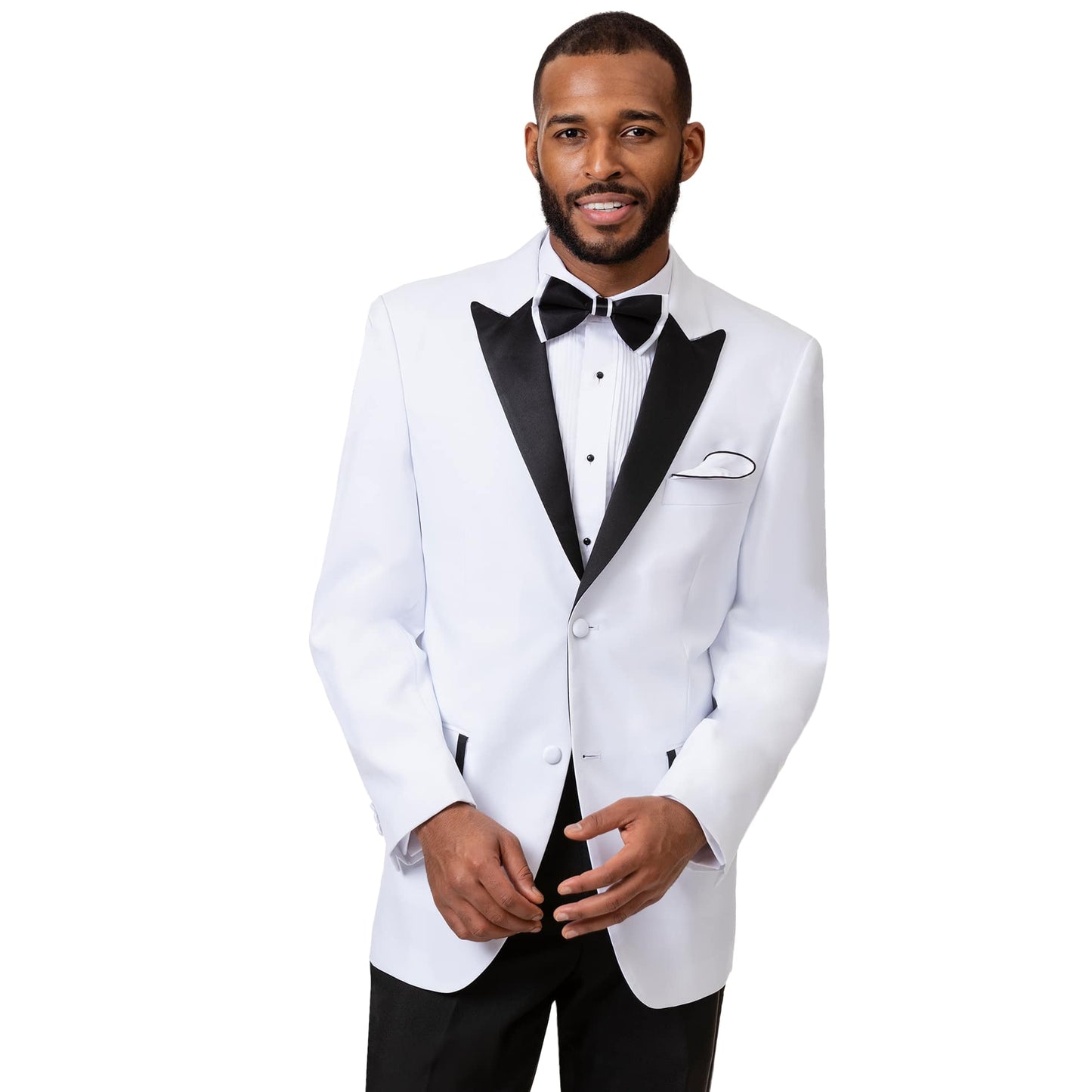 A man wearing the EJ Samuel White Tuxedo (TUX109) with a peak lapel and satin stripe bow tie, smiling and standing against a plain background.