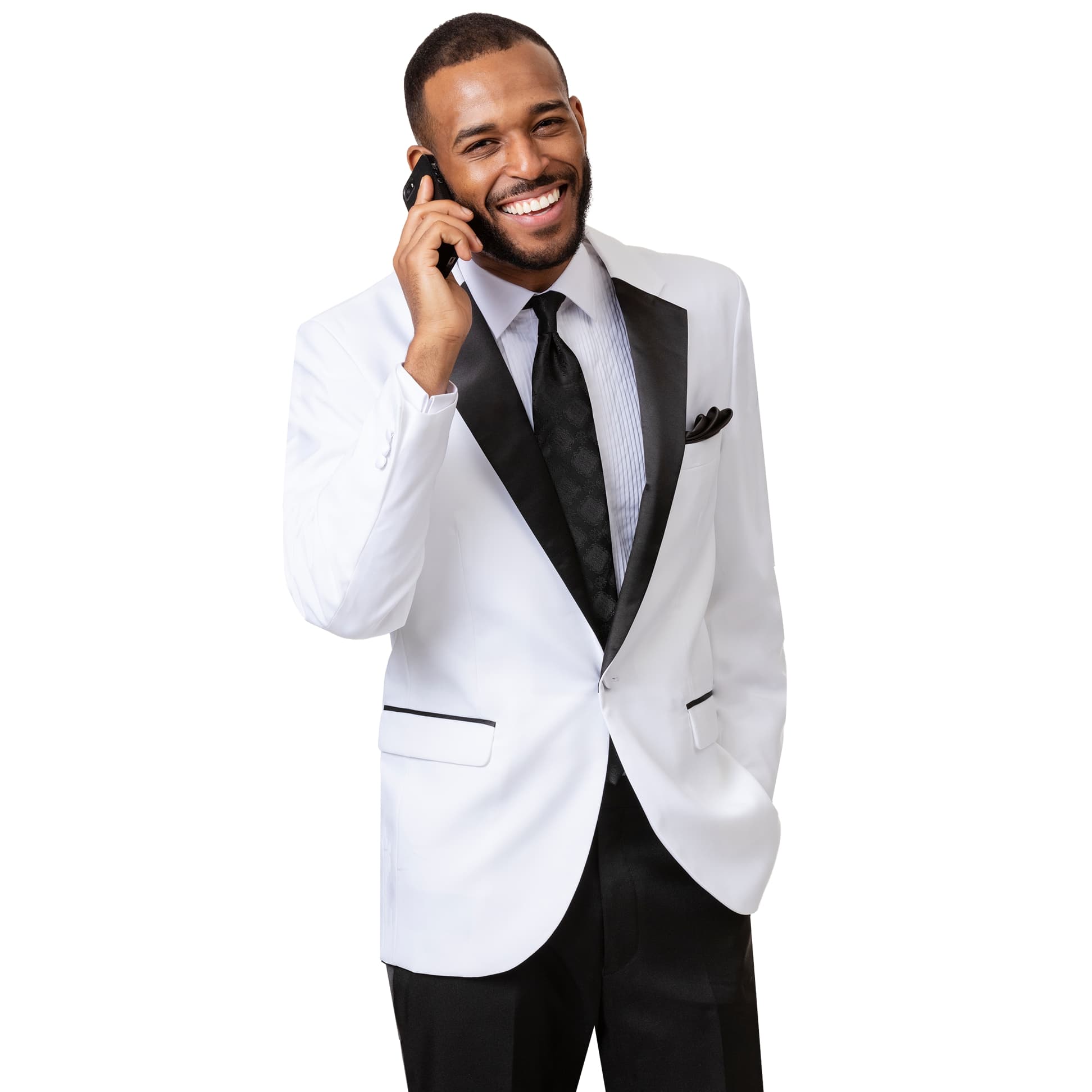 A man wearing an EJ Samuel White Tuxedo (TUX111) with black accents smiles while talking on a cellphone.