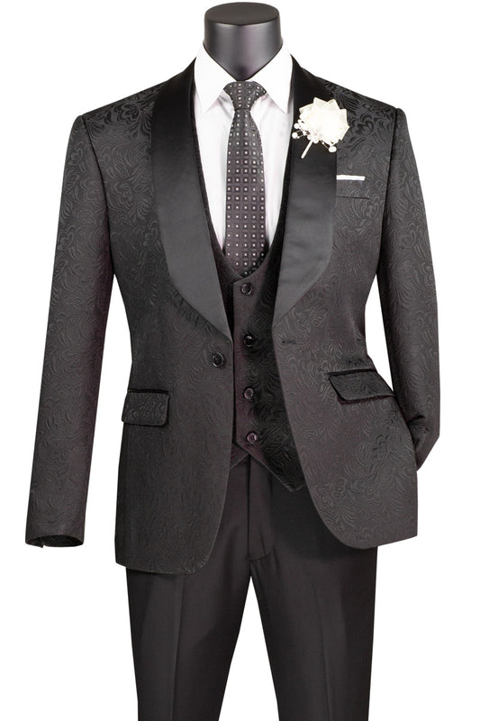 The Vinci Suits Slim Fit 3 Piece Single Button Jacquard Fabric Tuxedo (Black) TVSJ-1 exudes timeless sophistication with a floral pattern, satin lapels, and includes a matching vest, white shirt, dotted tie, and white boutonnière.