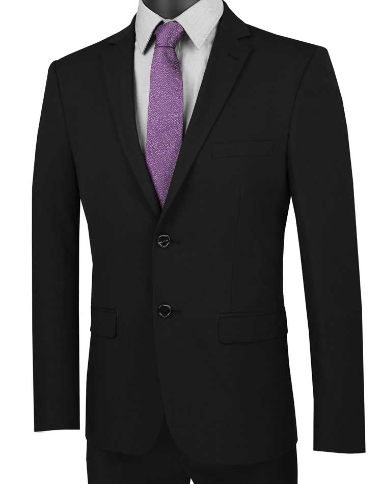 A man dressed in the Vinci Ultra Slim Fit Stretch Wool Feel Suit (Black) from Vinci Suits, with a light gray shirt and purple tie, exudes sophistication. The single-breasted design provides a modern touch, while the stretch wool feel fabric ensures comfort and style blend seamlessly together.