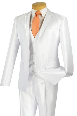 Vinci Designed Shiny Sharkskin Suit Ultra Slim Fit 3 Piece (White) USVR-4