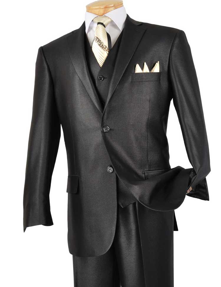 Vinci Shiny Regular Fit 3 Piece 2 Button Suit (Black) V2RR-1