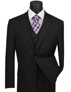 Vinci Regular Fit 3 Piece Suit 2 Button Tone on Tone Stripe (Black) V2RS-7