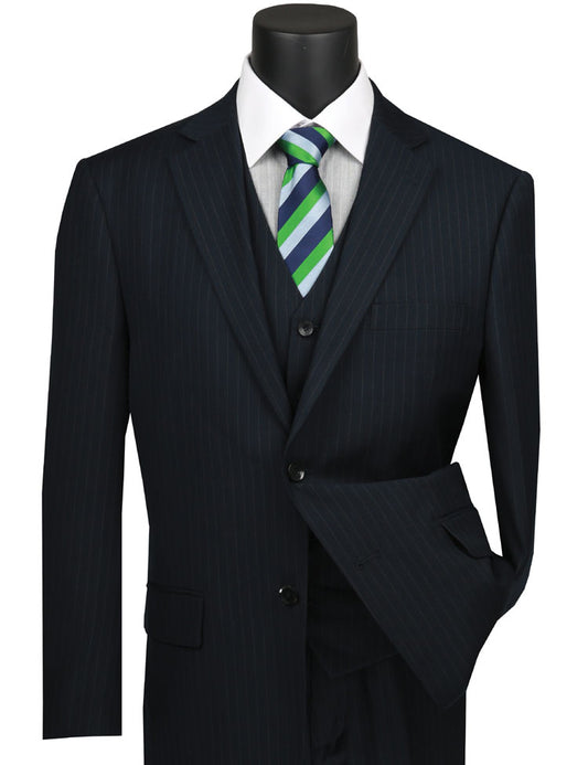 A mannequin displays the Vinci Regular Fit 3 Piece Suit by Vinci Suits, featuring a two-button navy tone-on-tone stripe jacket, complemented by a white shirt and a green and blue striped tie.