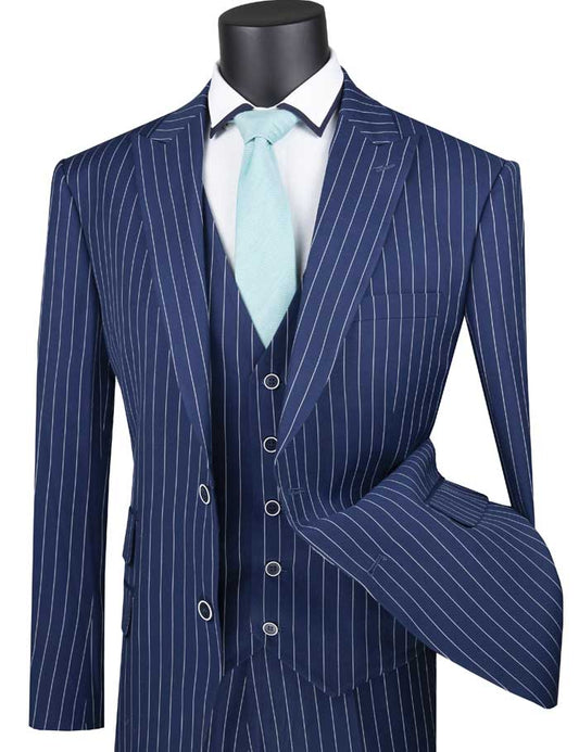 A mannequin showcases the Vinci Regular Fit 3 Piece Suit in a blue gangster stripe from Vinci Suits, paired with a light blue tie and crisp white dress shirt.