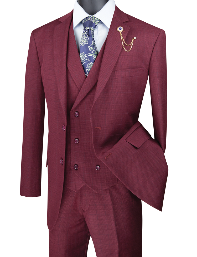 Introducing the Vinci Regular Fit Glen Plaid 2 Button 3 Piece Suit in Burgundy (V2RW-13) by Vinci Suits, elegantly paired with a patterned blue tie and a gold chain lapel pin for a sharp, timeless look.