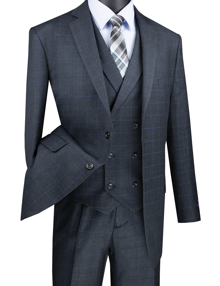 A charcoal Glen Plaid three-piece suit by Vinci Suits, featuring the regular fit Vinci 2 Button V2RW-13 model, paired with a crisp white shirt and coordinating plaid tie for a sophisticated look.