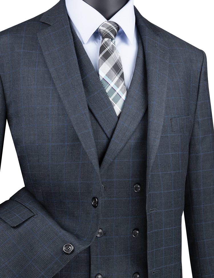 A charcoal Glen Plaid three-piece suit by Vinci Suits, featuring the regular fit Vinci 2 Button V2RW-13 model, paired with a crisp white shirt and coordinating plaid tie for a sophisticated look.