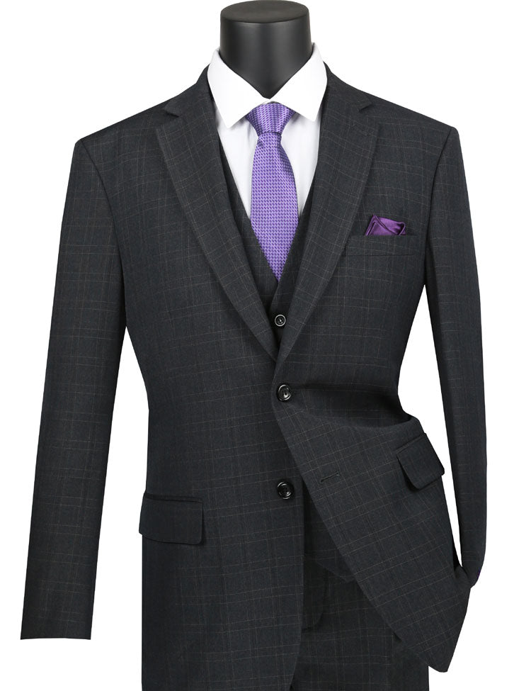 A black mannequin elegantly dressed in a Vinci Suits Regular Fit Glen Plaid 3 Piece Suit in black, complemented by a stylish purple tie and pocket square.