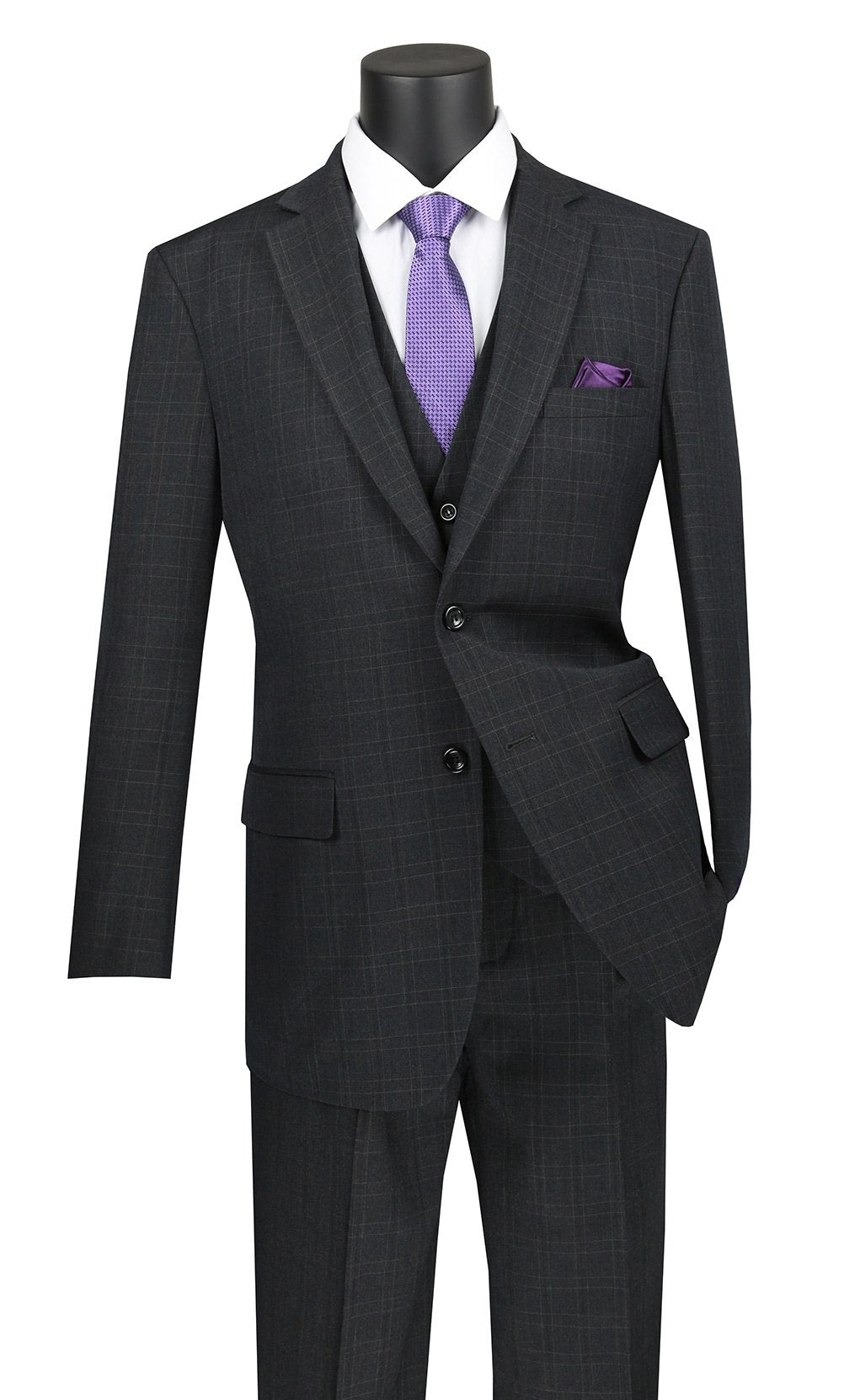 Vinci Regular Fit Glen Plaid 3 Piece Suit (Black) V2RW-15