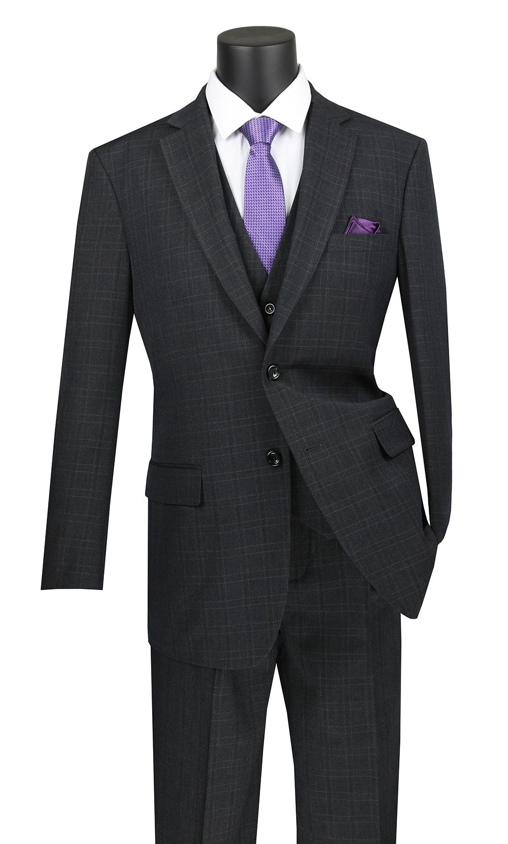 A black mannequin elegantly dressed in a Vinci Suits Regular Fit Glen Plaid 3 Piece Suit in black, complemented by a stylish purple tie and pocket square.