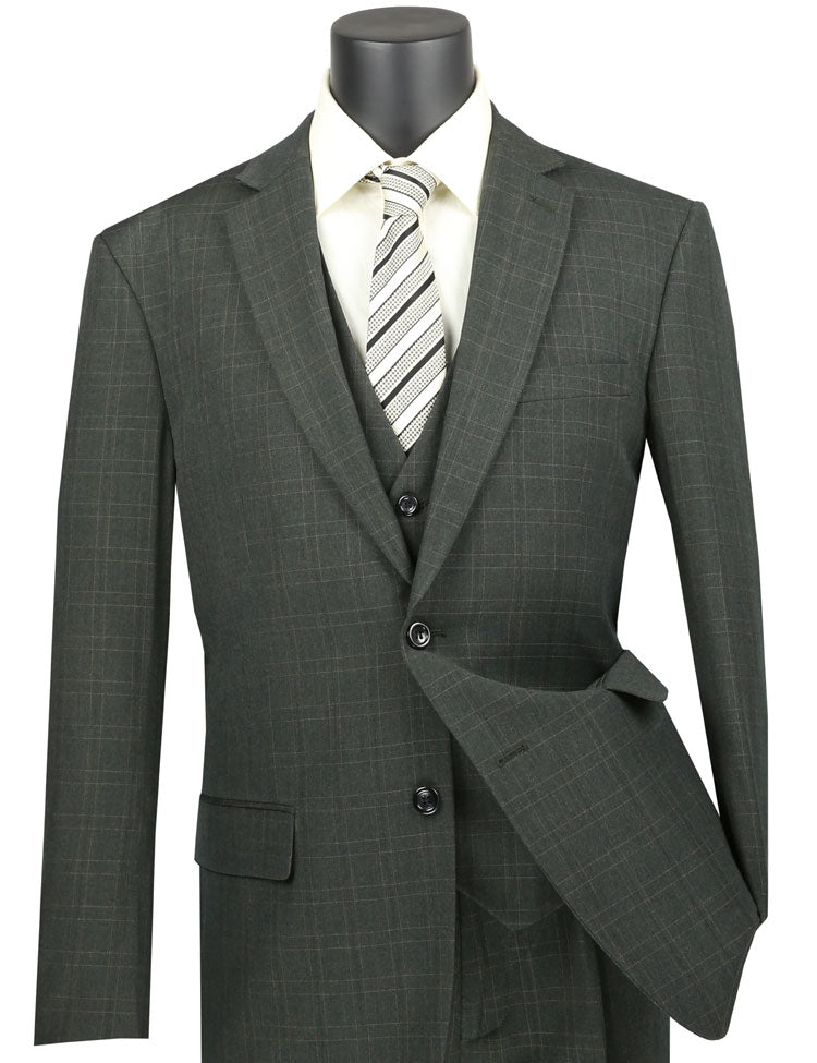 Displayed on the mannequin is the Vinci Regular Fit Glen Plaid 3 Piece Suit in olive, complete with a coordinating waistcoat and pants, complemented by a striped tie and white shirt.