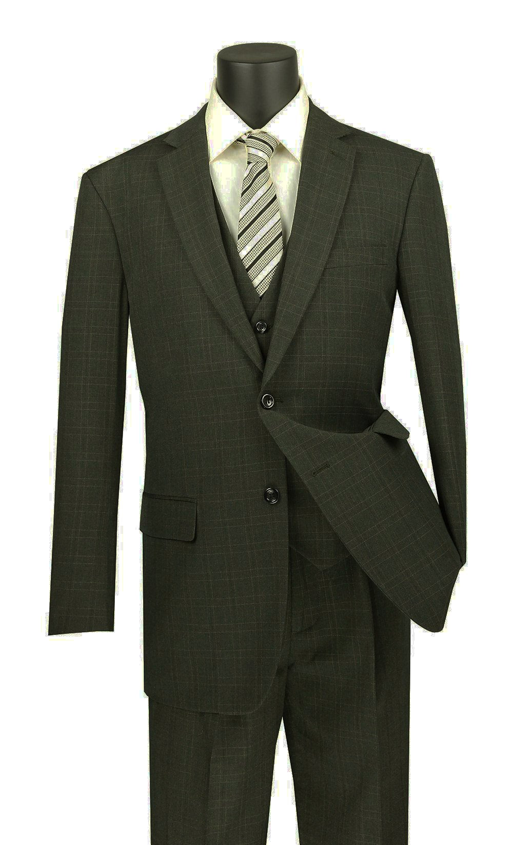 Displayed on the mannequin is the Vinci Regular Fit Glen Plaid 3 Piece Suit in olive, complete with a coordinating waistcoat and pants, complemented by a striped tie and white shirt.