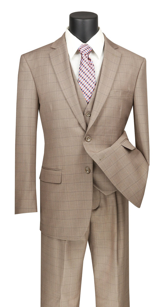 A Vinci Regular Fit Glen Plaid 3 Piece Suit in tan, featuring single-pleated pants, elegantly adorns the black mannequin. The ensemble, from Vinci Suits, is styled with a crisp white shirt and a checkered tie.