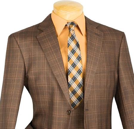 Displayed on a mannequin, the Vinci Suits Regular Fit 3 Piece Suit in Chestnut is wrinkle-resistant and features a plaid pattern, paired with an orange shirt and a plaid tie, topped off with a stylish double-breasted vest.