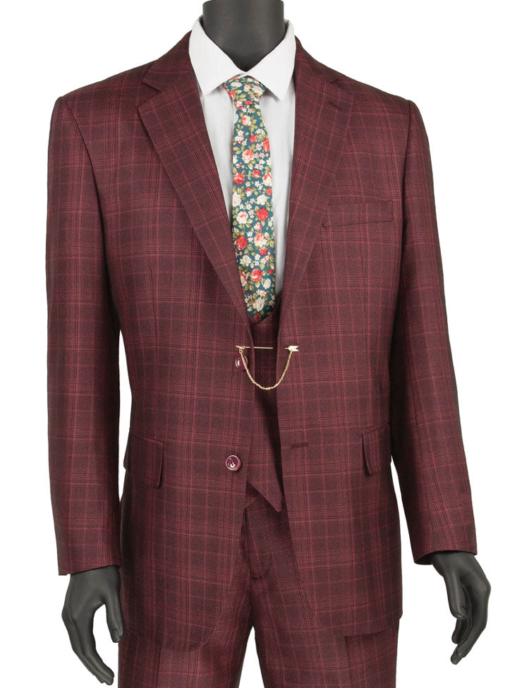 A mannequin elegantly showcases the Vinci Regular Fit 3 Piece Suit in burgundy, complemented by a floral tie and a stylish chain accessory from Vinci Suits.