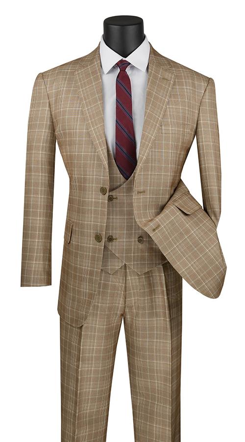 Displayed on a mannequin is the Vinci Regular Fit 3 Piece Suit (Camel) V2RW-7 by Vinci Suits, showcasing a stylish Glen plaid pattern. This ensemble includes a dapper double-breasted vest, paired perfectly with a red striped tie and crisp white shirt, exemplifying timeless elegance.