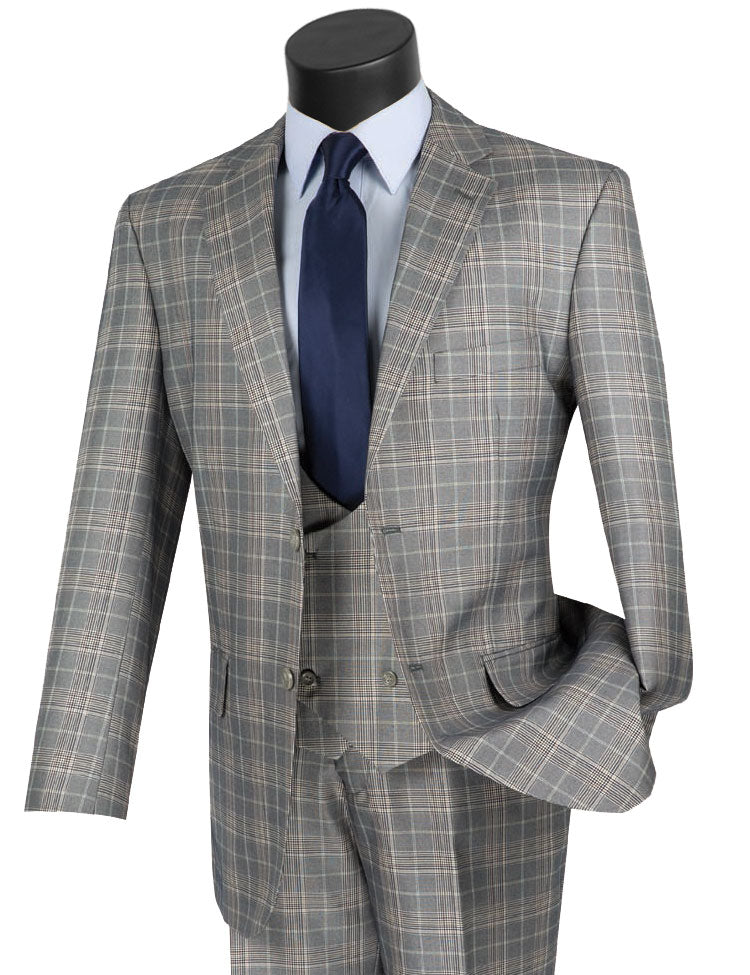 A gray Vinci Regular Fit 3 Piece Suit (Gray) V2RW-7 by Vinci Suits is displayed on a mannequin, showcasing a tailored double-breasted vest paired with a blue shirt and navy tie.