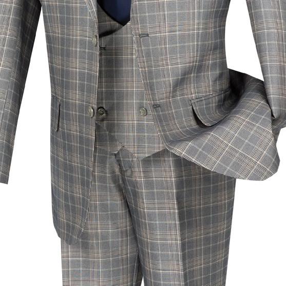 A gray Vinci Regular Fit 3 Piece Suit (Gray) V2RW-7 by Vinci Suits is displayed on a mannequin, showcasing a tailored double-breasted vest paired with a blue shirt and navy tie.