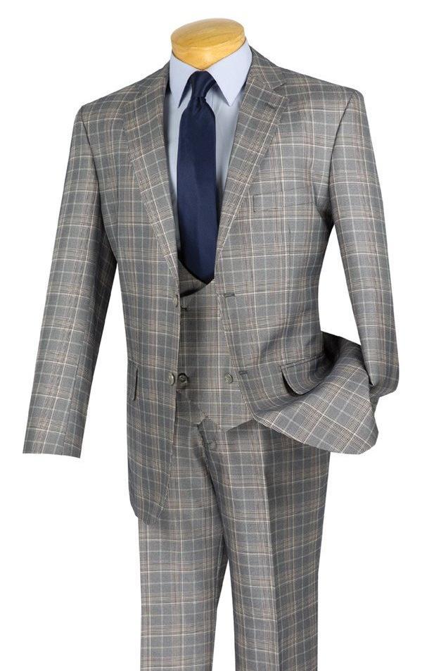 A gray Vinci Regular Fit 3 Piece Suit (Gray) V2RW-7 by Vinci Suits is displayed on a mannequin, showcasing a tailored double-breasted vest paired with a blue shirt and navy tie.