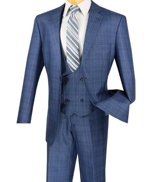 The Vinci Regular Fit 3 Piece Suit in Oxford Blue (V2RW-7) by Vinci Suits is wrinkle-resistant and features a plaid pattern with a double-breasted vest, stylish trousers, and a jacket. It pairs seamlessly with a crisp white shirt and blue striped tie for an effortlessly sharp look.