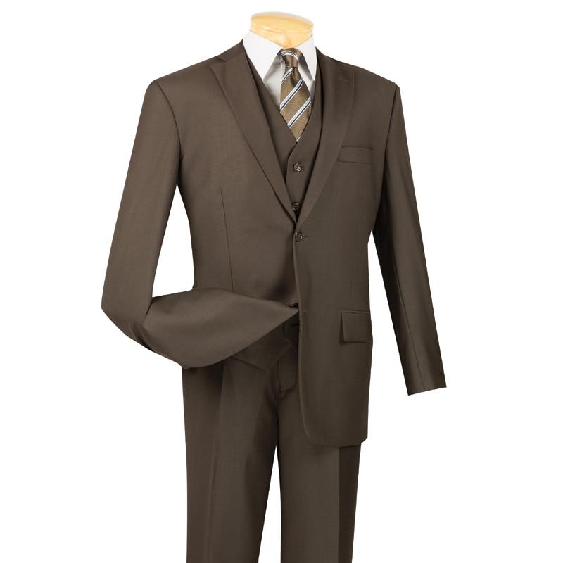 Displayed on a mannequin, the Vinci Regular Fit 3 Piece Suit 2 Button (Brown) V2TR by Vinci Suits features a tie with diagonal stripes. It's the epitome of style and elegance, ideal for those who appreciate the classic appeal of a regular fit suit.