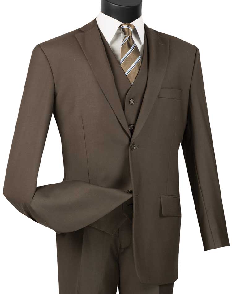 Displayed on a mannequin, the Vinci Regular Fit 3 Piece Suit 2 Button (Brown) V2TR by Vinci Suits features a tie with diagonal stripes. It's the epitome of style and elegance, ideal for those who appreciate the classic appeal of a regular fit suit.