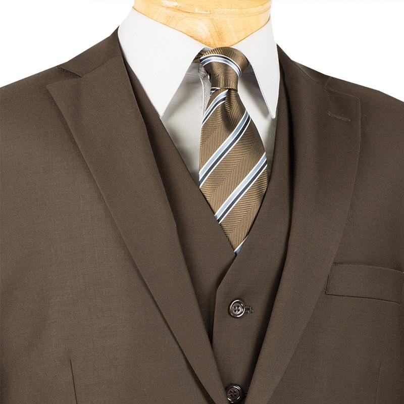 Displayed on a mannequin, the Vinci Regular Fit 3 Piece Suit 2 Button (Brown) V2TR by Vinci Suits features a tie with diagonal stripes. It's the epitome of style and elegance, ideal for those who appreciate the classic appeal of a regular fit suit.