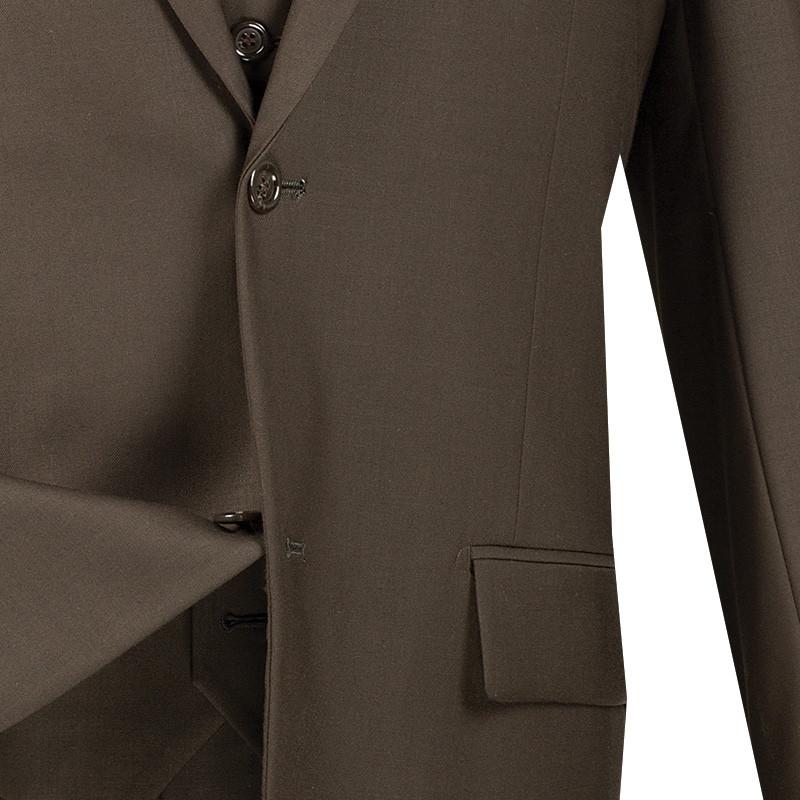 Displayed on a mannequin, the Vinci Regular Fit 3 Piece Suit 2 Button (Brown) V2TR by Vinci Suits features a tie with diagonal stripes. It's the epitome of style and elegance, ideal for those who appreciate the classic appeal of a regular fit suit.