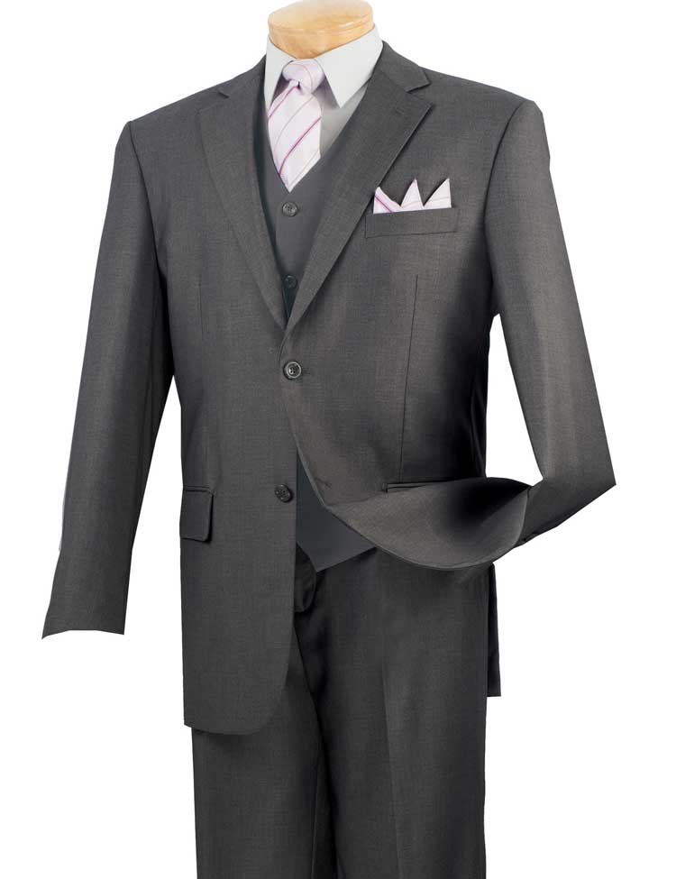 The mannequin displays the Vinci Regular Fit 3 Piece Suit 2 Button in Heather Gray by Vinci Suits, complemented by a crisp white shirt and a striped tie.