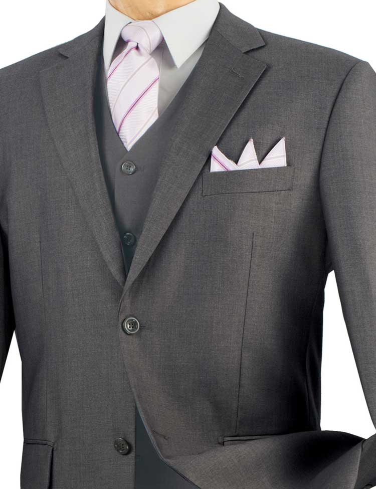 The mannequin displays the Vinci Regular Fit 3 Piece Suit 2 Button in Heather Gray by Vinci Suits, complemented by a crisp white shirt and a striped tie.