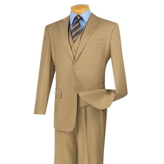 A mannequin is dressed in the Vinci Regular Fit 3 Piece Suit 2 Button (Khaki) V2TR from Vinci Suits, including a regular fit jacket, vest, and trousers, paired with a blue shirt and a striped tie.