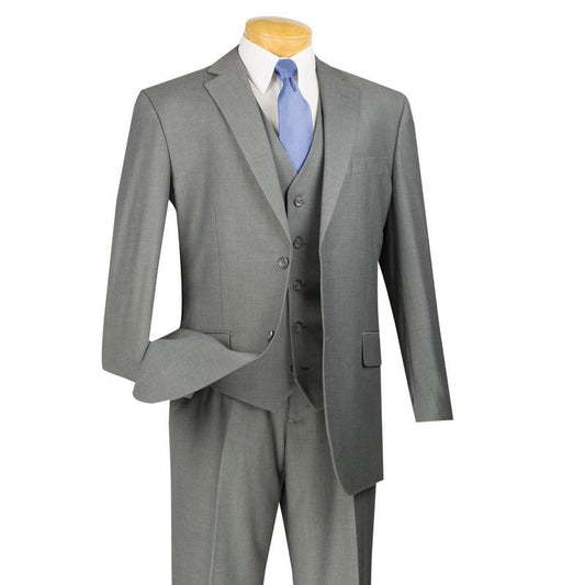 Featured on a mannequin is the Vinci Regular Fit 3 Piece Suit 2 Button (Medium Gray) V2TR by Vinci Suits, complemented by a blue tie to accentuate the sophistication of its regular fit style.