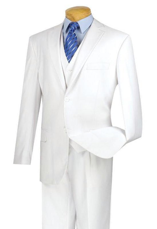 The Vinci Regular Fit 3 Piece Suit 2 Button (White) V2TR by Vinci Suits is displayed on a mannequin, accompanied by a light blue shirt and blue striped tie, offering a classic appearance. The regular fit provides timeless elegance and style.