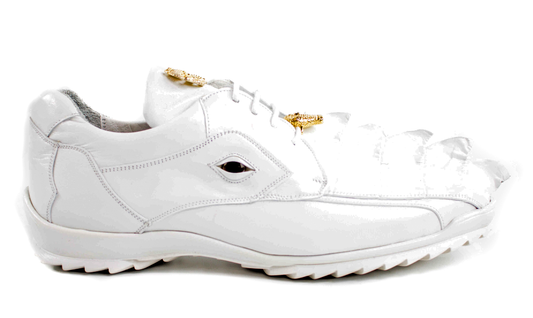 The Belvedere - Vasco sneaker by BELVEDERE, crafted from genuine caiman crocodile and soft calf leather in white (Product ID: 336122), showcases gold eyelets, intricate toe embellishments, and a luxurious leather lining for enhanced comfort.