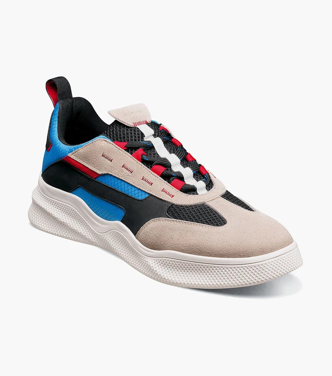 The Stacy Adams Ventura T-Toe Lace Up Sneaker in Chalk Blue Multi (25514-129) from STACY ADAMS boasts a woven black upper with mesh detailing and beige, black, blue, and red accents, along with a white RedZone Footbed.