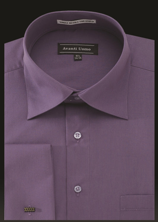 Violet dress shirt with a pointed collar and buttoned-down front, showcasing a pocket detail and the label "AVANTI UOMO.