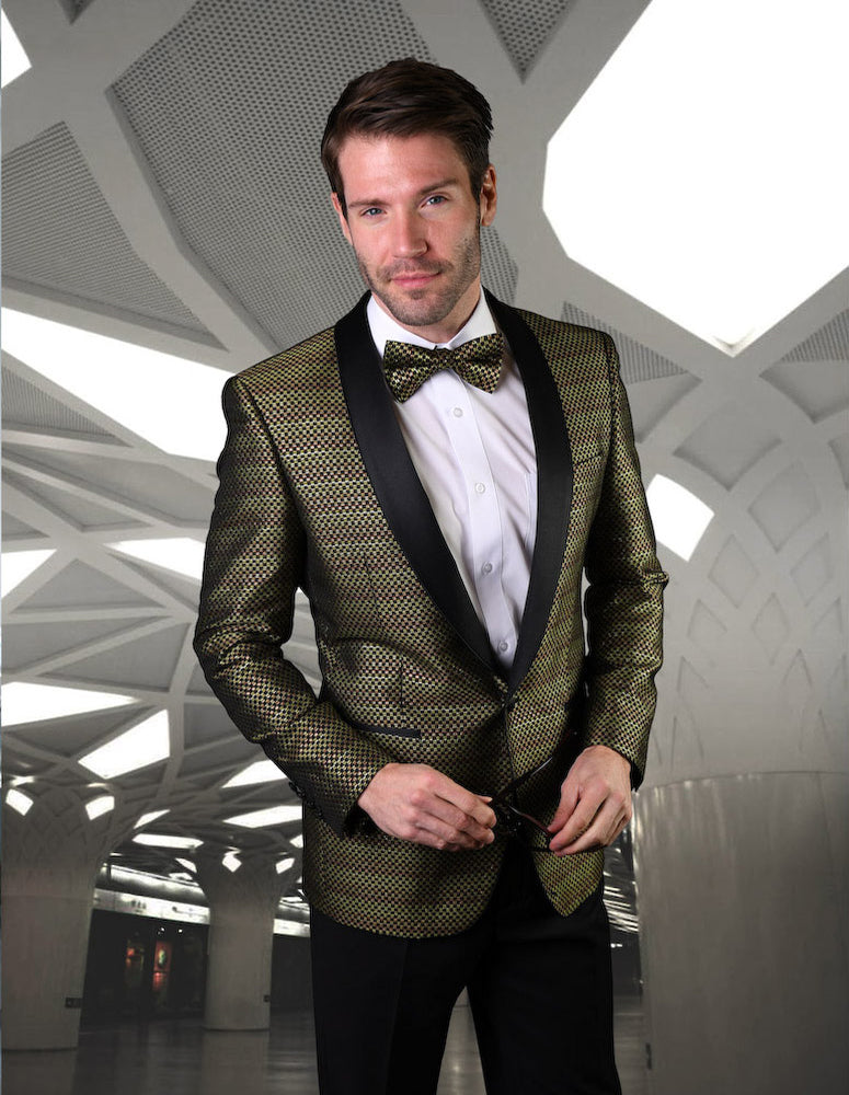 A man wearing the STATEMENT CLOTHING | VJ-127-GOLD by Statement Clothing stands confidently in a modern, geometric interior with a lattice design ceiling, highlighting his impeccably tailored fit.